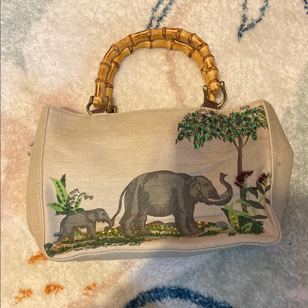 Elephant Print Handbag with Bamboo Handle